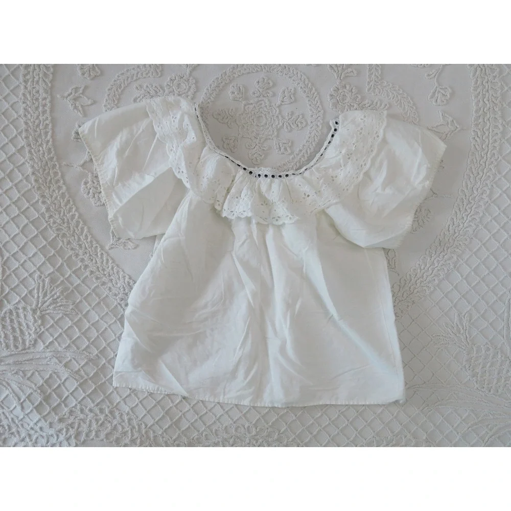 White Lace Ruffle Collar Peasant Poet Blouse Boxy Crop Cotton Vintage Handmade